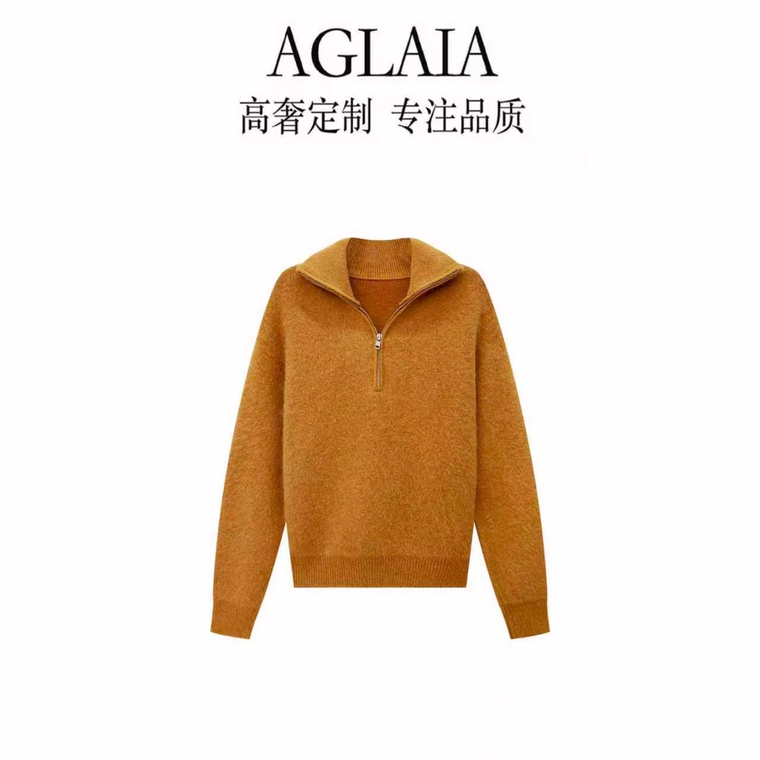 AGLAIA~2025秋冬新款软糯慵懒风翻领半拉链套头针织衫毛衣女6378