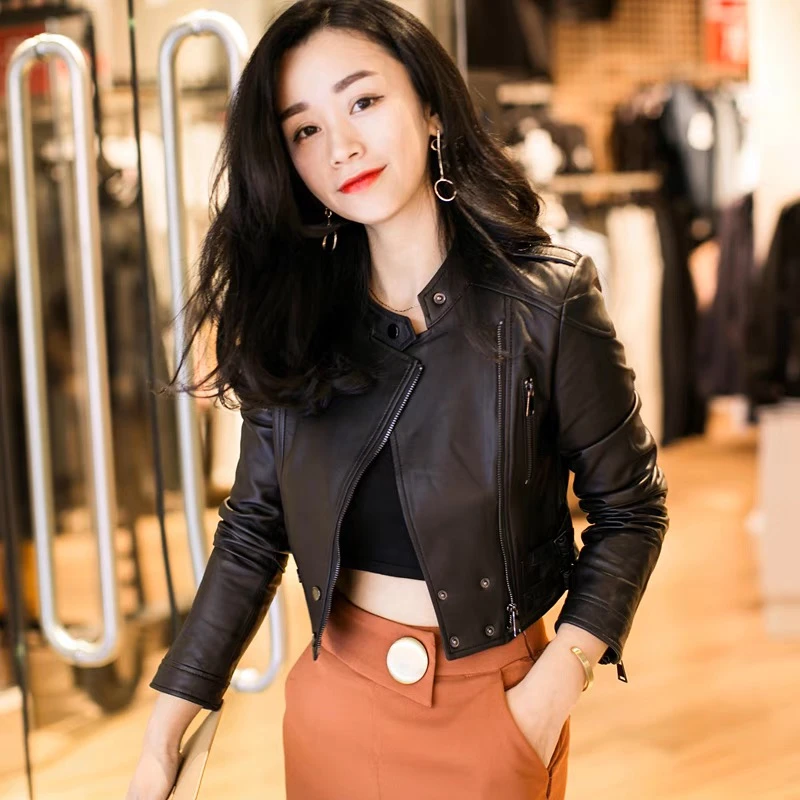 2025时尚韩版女装真皮油蜡牛皮短款机车真皮外套女