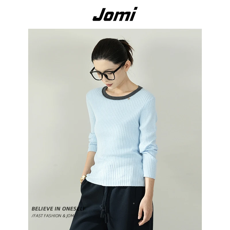 JOMI撞色圆领针织衫女秋新款修身显瘦内搭外穿长袖打底上衣
