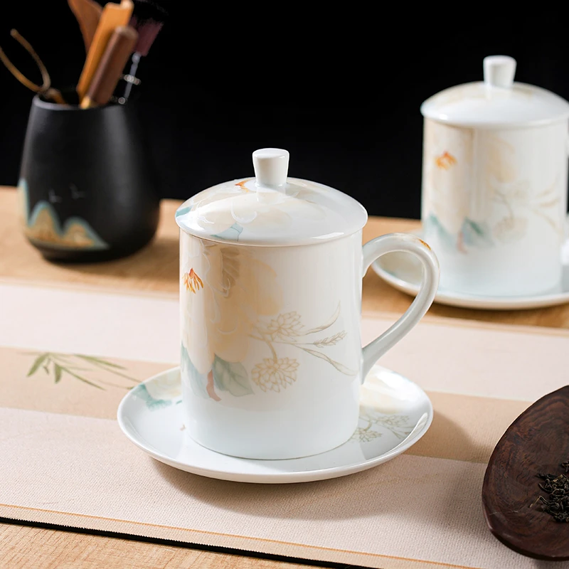 句途影青语茉花开远山杯2杯2碟水具套组带盖马克杯泡茶杯陶瓷杯子