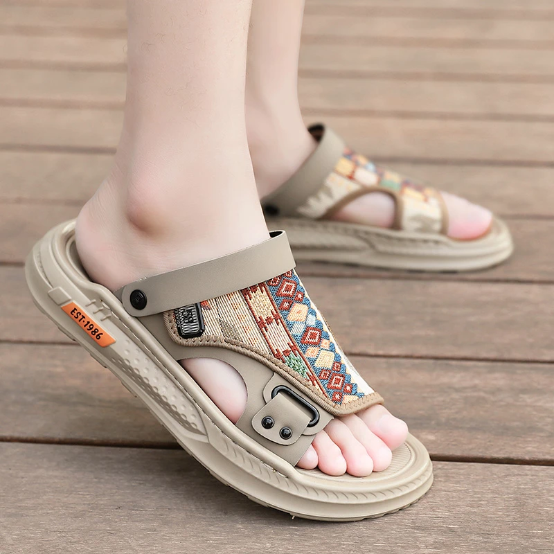 2025新款夏天凉鞋男士一字两穿开车拖鞋户外防滑复古沙滩鞋男休闲