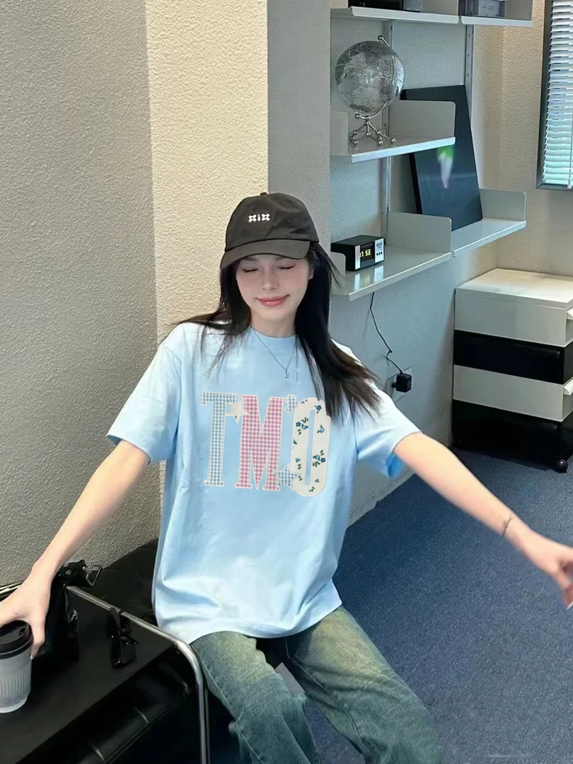 2025夏季新款格子布刺绣贴布绣设计感显瘦圆领百搭上衣#MJ069