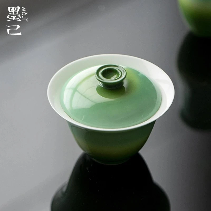 如伶醒春集渐变绿色薄胎陶瓷汝窑盖碗功夫茶具泡茶碗撇口盖碗家用