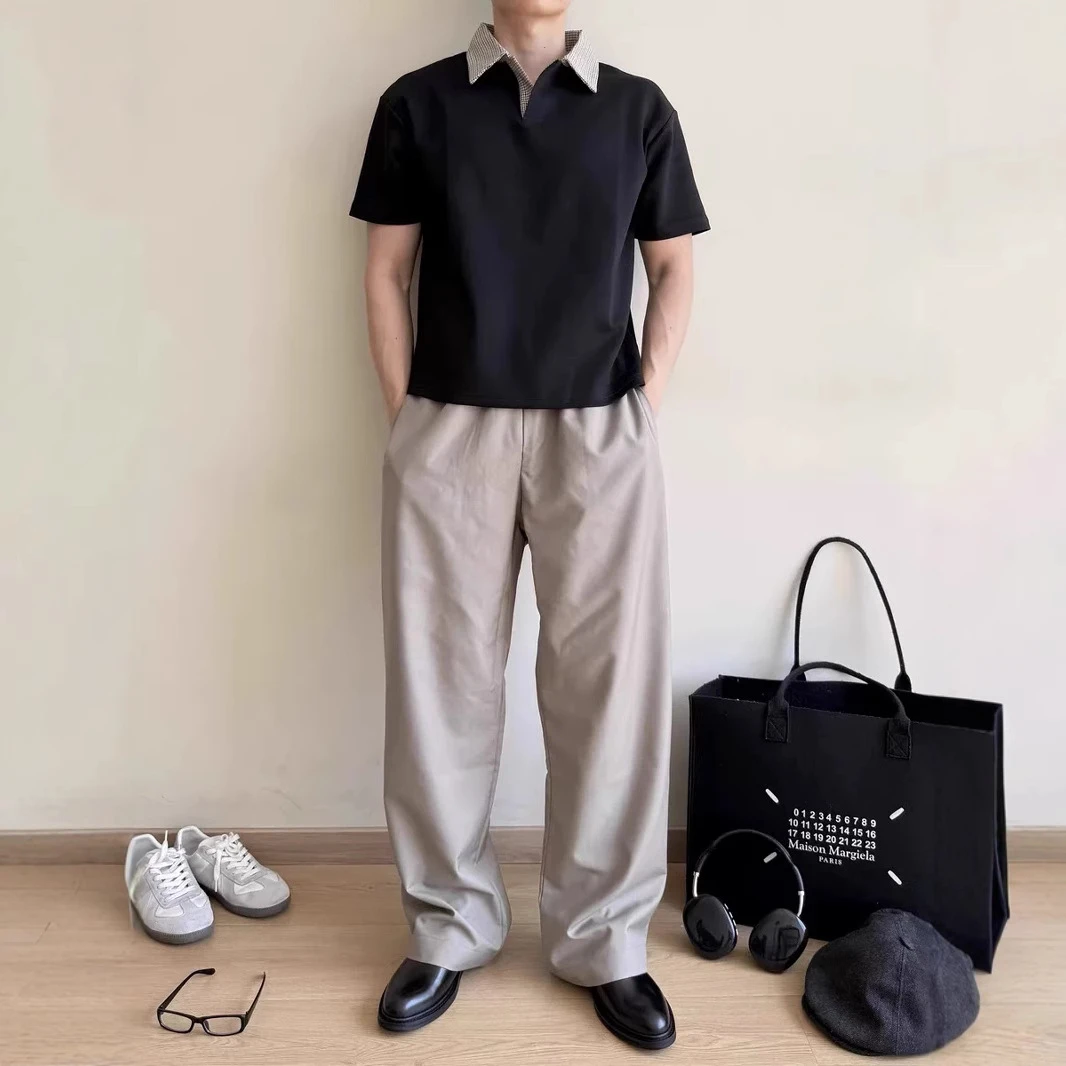 男夏季千鸟格拼接POLO衫超爽冰感洛卡抗皱空气层上衣宽松休闲短袖