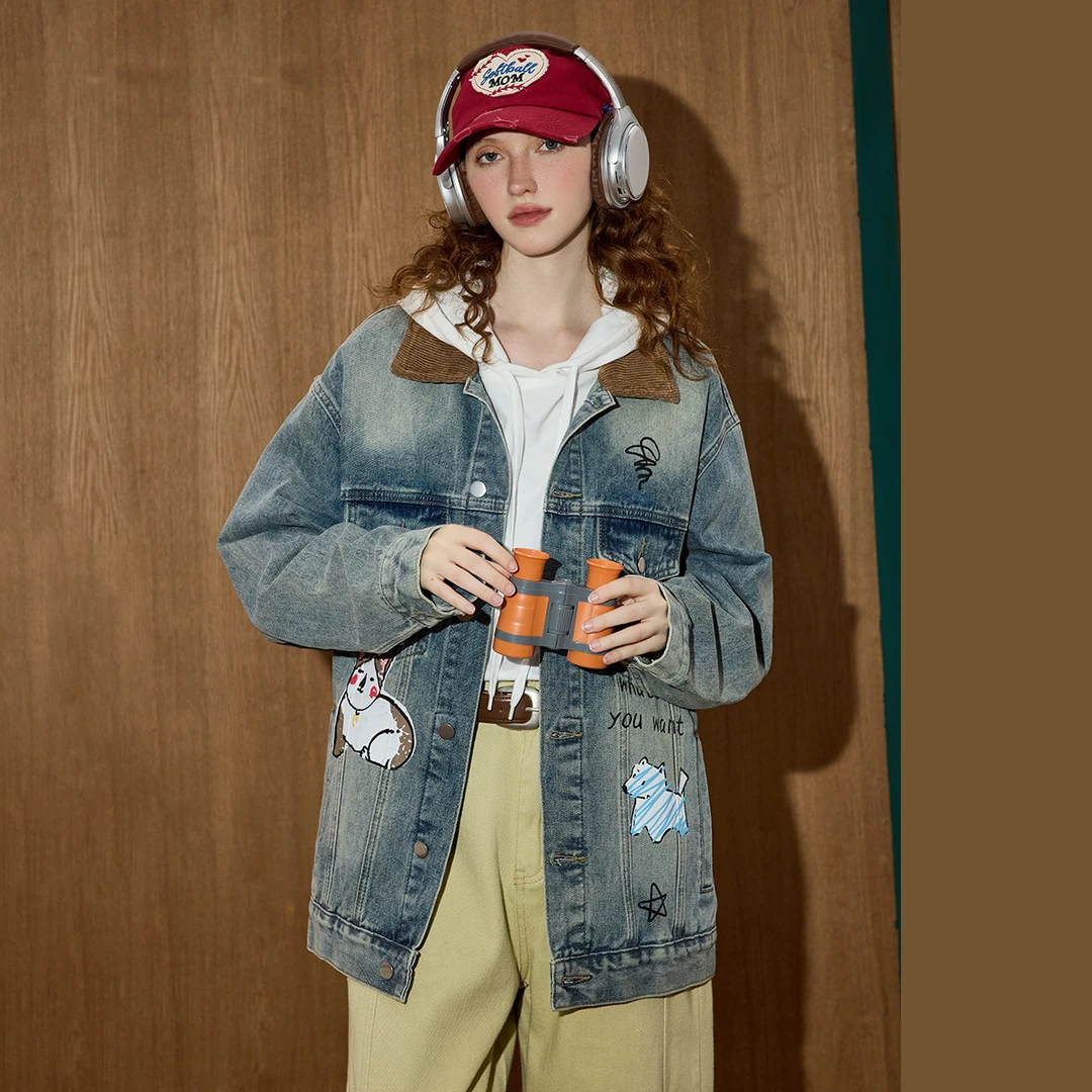 【茉茉专属】水洗做旧涂鸦撞色拼接翻领牛仔中长款女外套CSCC6908