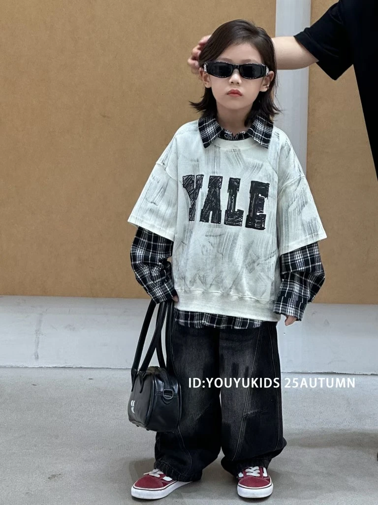 【衬衫+卫衣两件套】男童套装卫衣长袖格子衬衫春秋装男孩儿童装