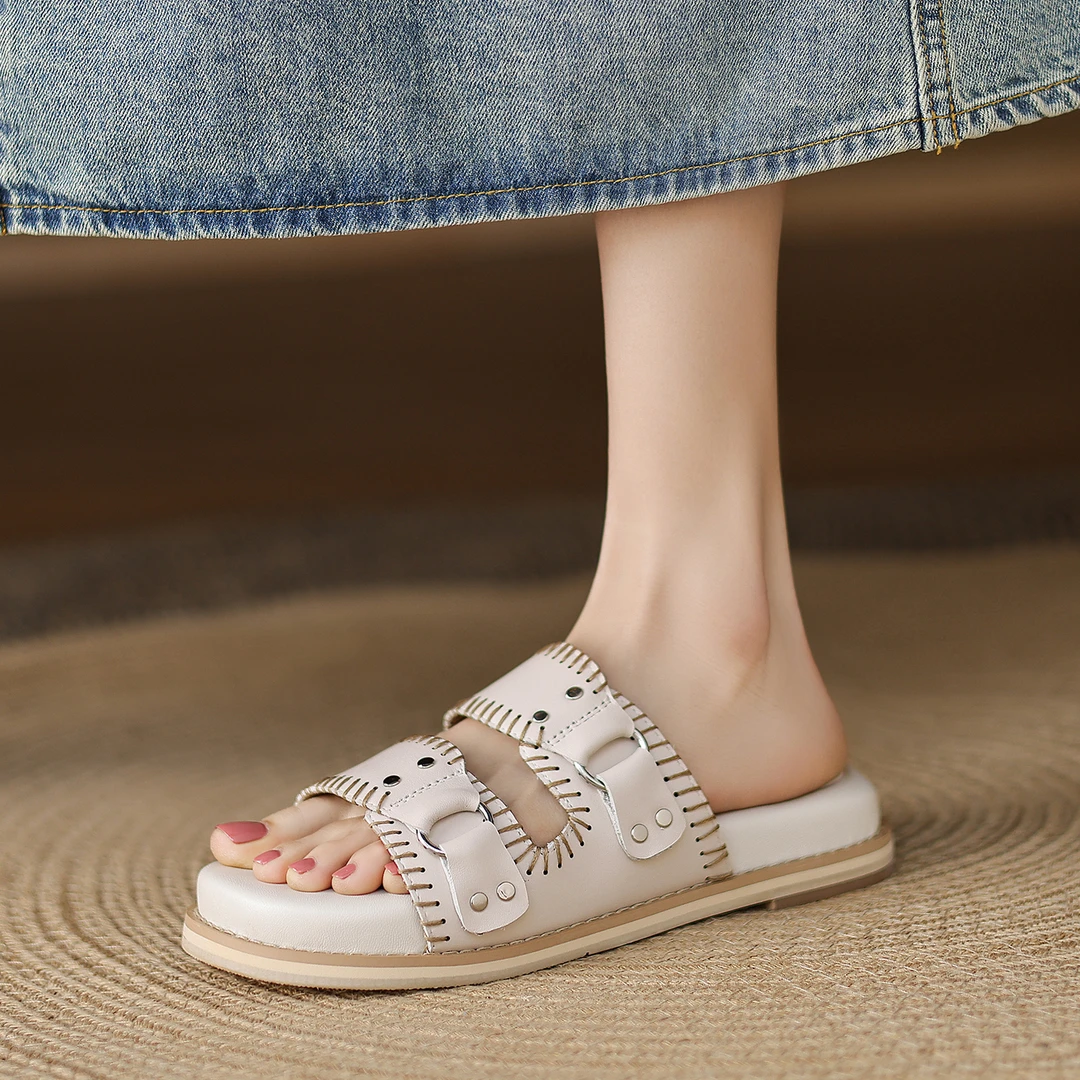 【糖豆】小众设计编织勃肯女鞋真皮凉拖鞋女外穿2025夏季百搭凉鞋白