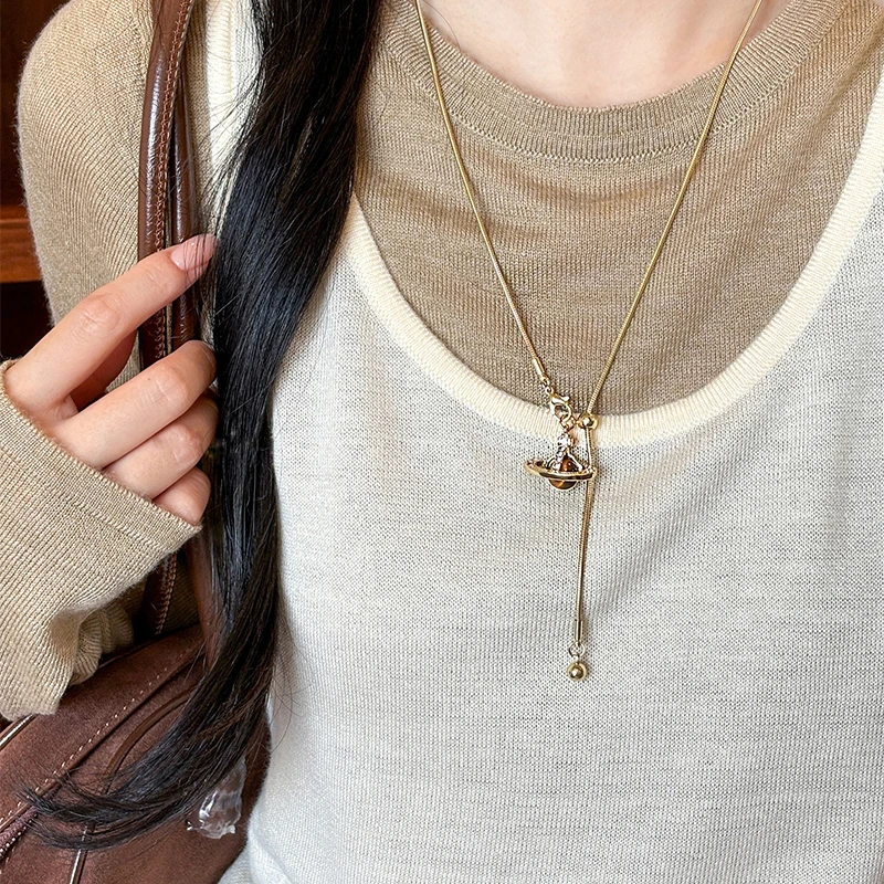 铜项链 时尚土星吊坠项链轻奢小众时尚百搭高级感抽拉毛衣链