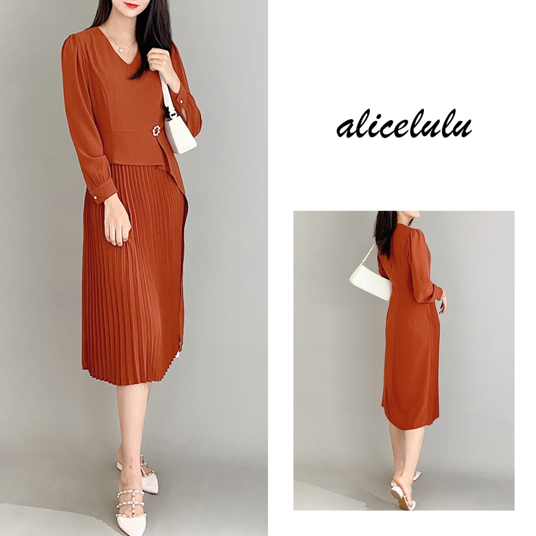 6[alicelulu]“褶间落日”连衣裙优雅拼褶时髦显瘦S2139250B