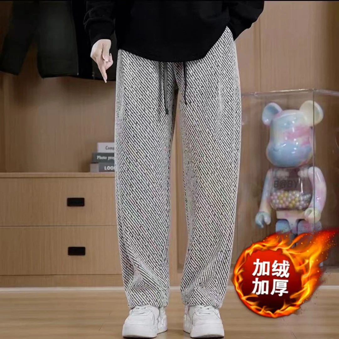秋冬新款男女加绒加厚潮牌潮流银丝休闲裤卫裤男百搭宽松直筒裤男