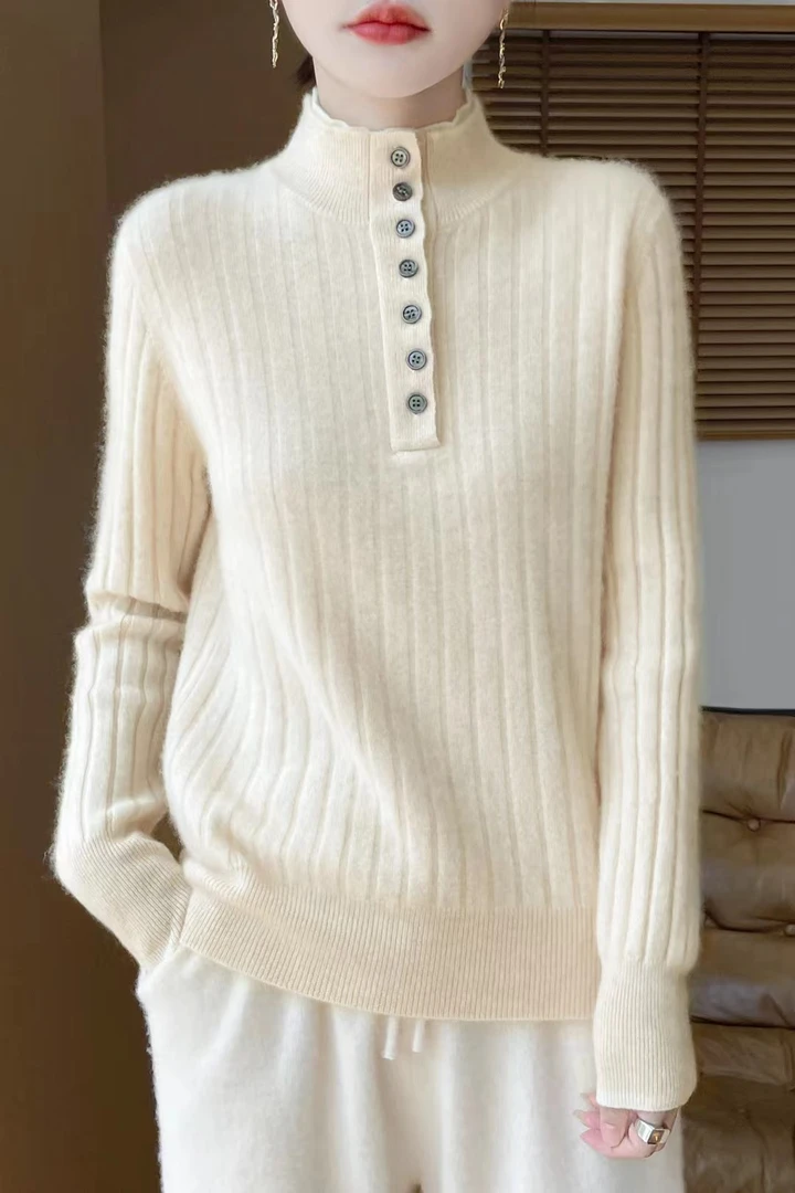 秋冬新款女士加厚双层立领带扣羊毛抽条针织衫