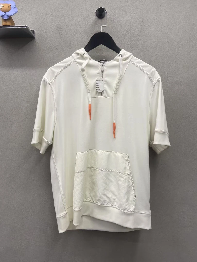 99新 Hermes/爱马仕 纯色宽松套头连帽短袖卫衣/尺码s/UH040057