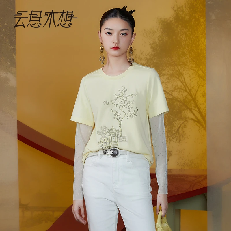 Ysimo-X云思木想新中式2024夏季新款绣花假两件百搭圆领T恤11622