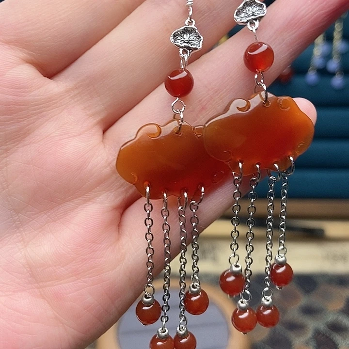 石英质玉耳钉银S925镶嵌