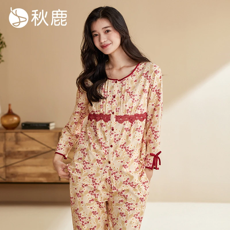 秋鹿针织睡衣圆领九分袖长裤女套秋季绵柔