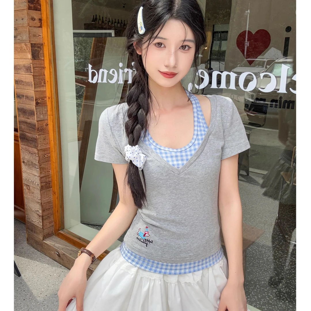 2025夏季新款白色拼格子假两件纯棉V领短袖T恤女衣服女装2025上衣