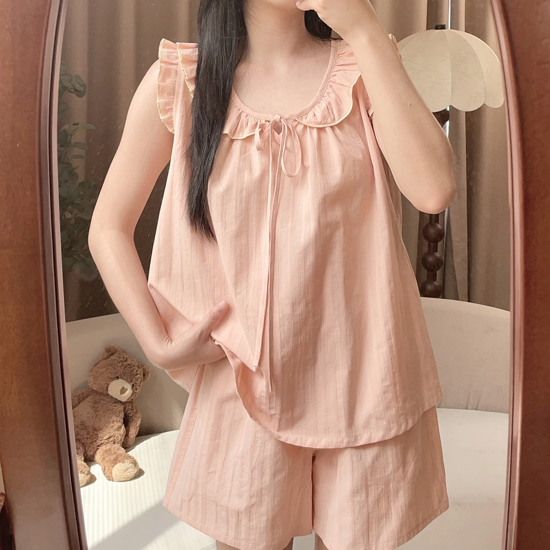 【5965西柚】飞飞袖短裤背心套装甜美新款纯棉薄夏季外穿家居服睡衣