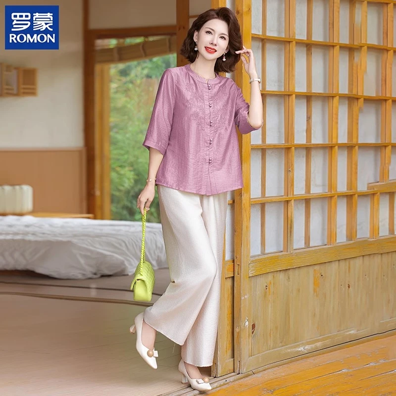 罗蒙母亲节洋气妈妈夏装套装中年时尚绣花上衣中老年女新款两件套