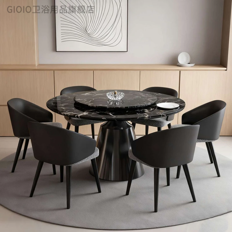 新疆西藏包邮广东佛山天然大理石圆桌黑玫瑰餐桌椅新款家用意式轻