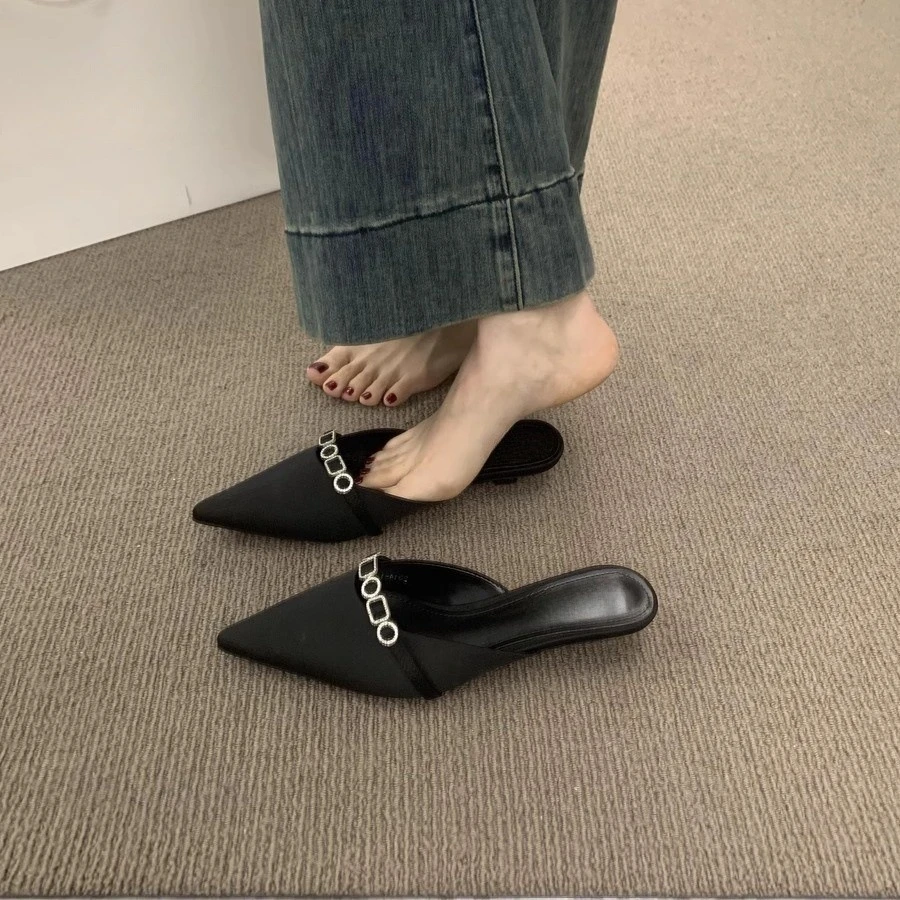 包头半拖鞋女外穿懒人气质仙女风一脚蹬凉拖小猫跟绝美尖头穆勒鞋