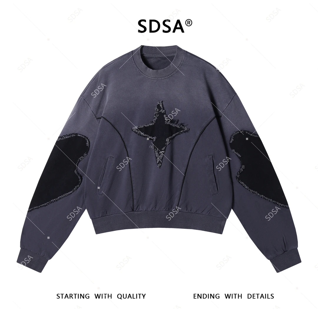 SDSA秋冬新款男士痞帅潮牌撞色拼接星星圆领卫衣重工磨毛设计百搭