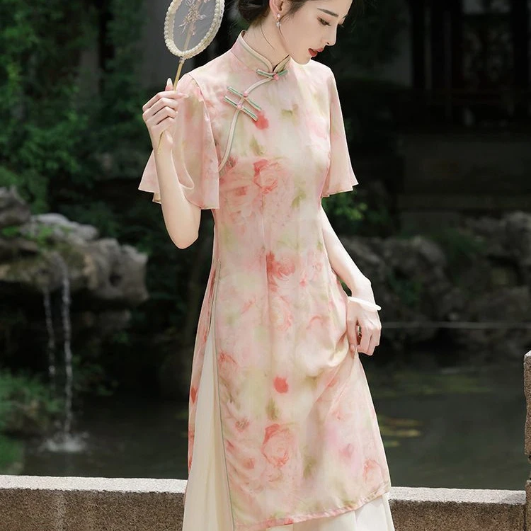 新款改良奥黛旗袍年轻款高端气质素雅复古茶艺服新中式连衣裙粉色