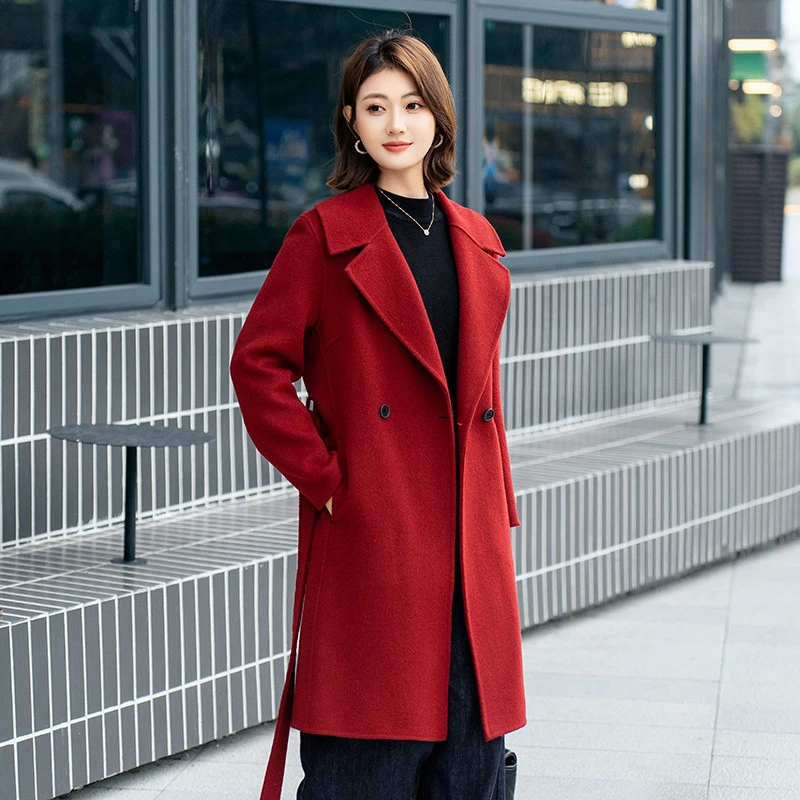 皮尔卡丹高端中年女装羊毛呢子外套中长款2025新款妈妈双面羊绒大