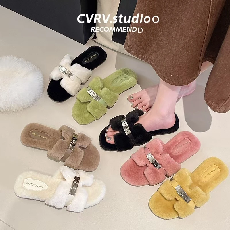 绝美高级感毛毛拖鞋女外穿2025秋冬新款法式仙女风毛绒平底棉拖鞋