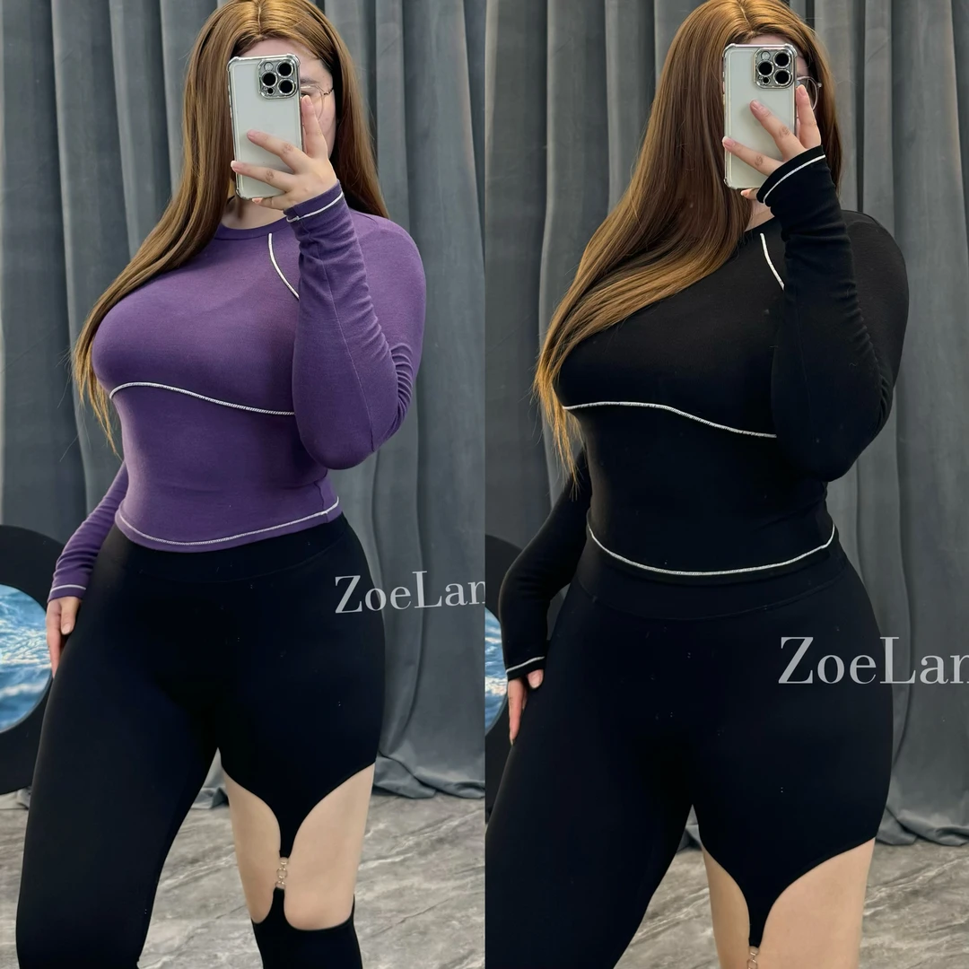 ZoeLamer【秋冬健身撞色线条显胸大罩衫】长袖修身显瘦运动上衣
