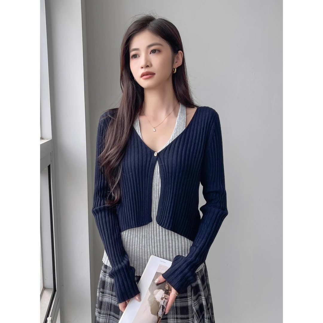 藏蓝色假两件针织开衫女早秋季2025新款长袖气质韩系内搭显瘦上衣