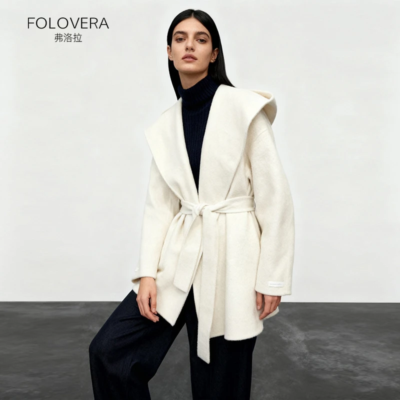 FOLOVERA/弗洛拉 极简风短款连帽双面羊毛/羊驼绒大衣女2025新款