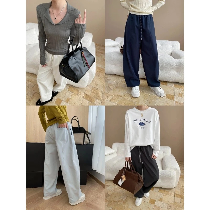 慵懒风抽绳松紧腰高腰百搭显瘦休闲阔腿裤秋季女装宽松薄款长裤