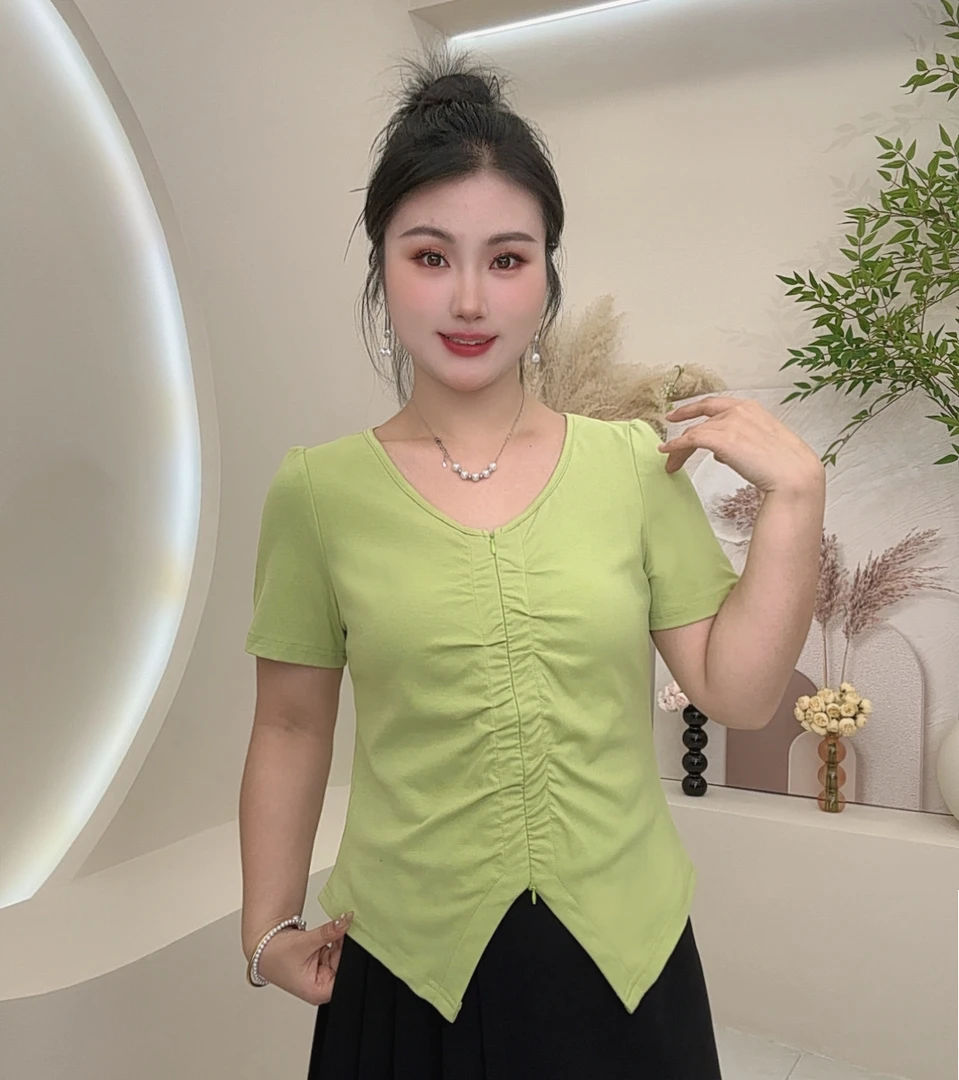 不规则褶皱纯色显瘦上衣大码女装夏季2025时尚百搭开叉小众短袖