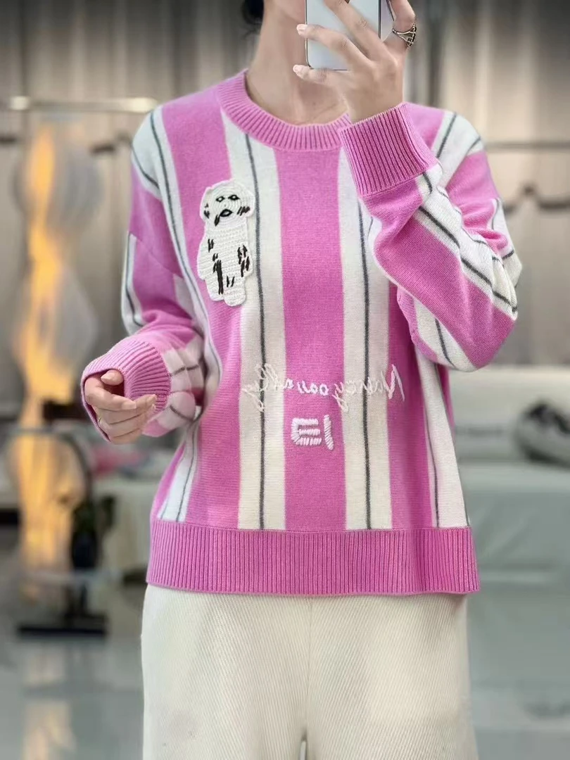 （七妹羊绒 ）圆领针织插肩袖宽松减龄时尚拼色羊绒针织衫