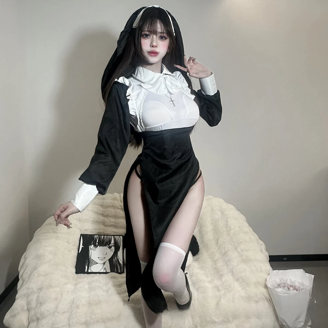 禁欲系修女COS制服哥特风暗黑系女主播性感紧身高开叉套装