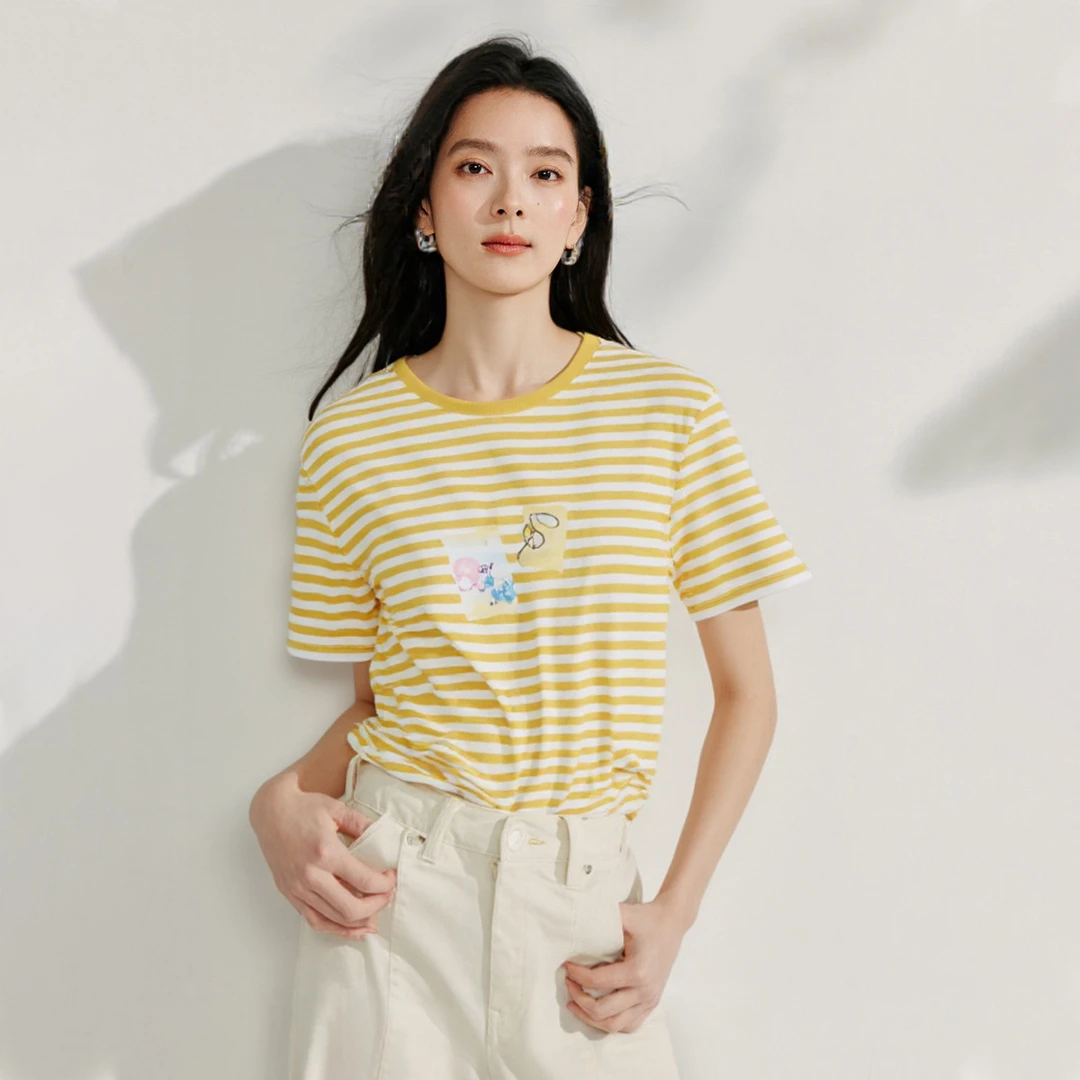 撞色条纹短袖T恤女2025夏季趣味减龄印花舒适休闲宽松上衣
