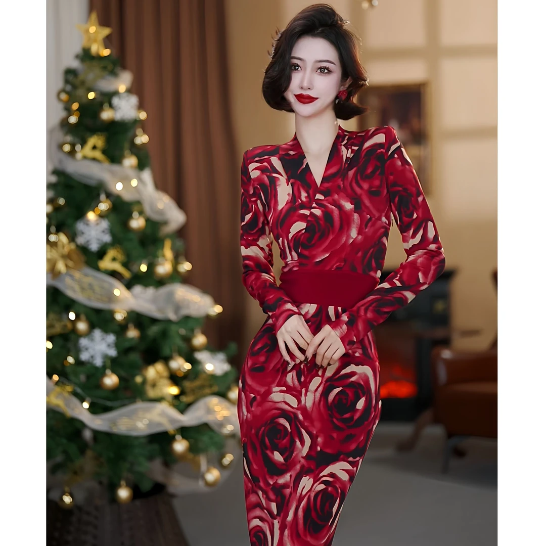 【大晶定制】秋冬新款气质高奢V领花朵收腰修身连衣裙-DJ10071