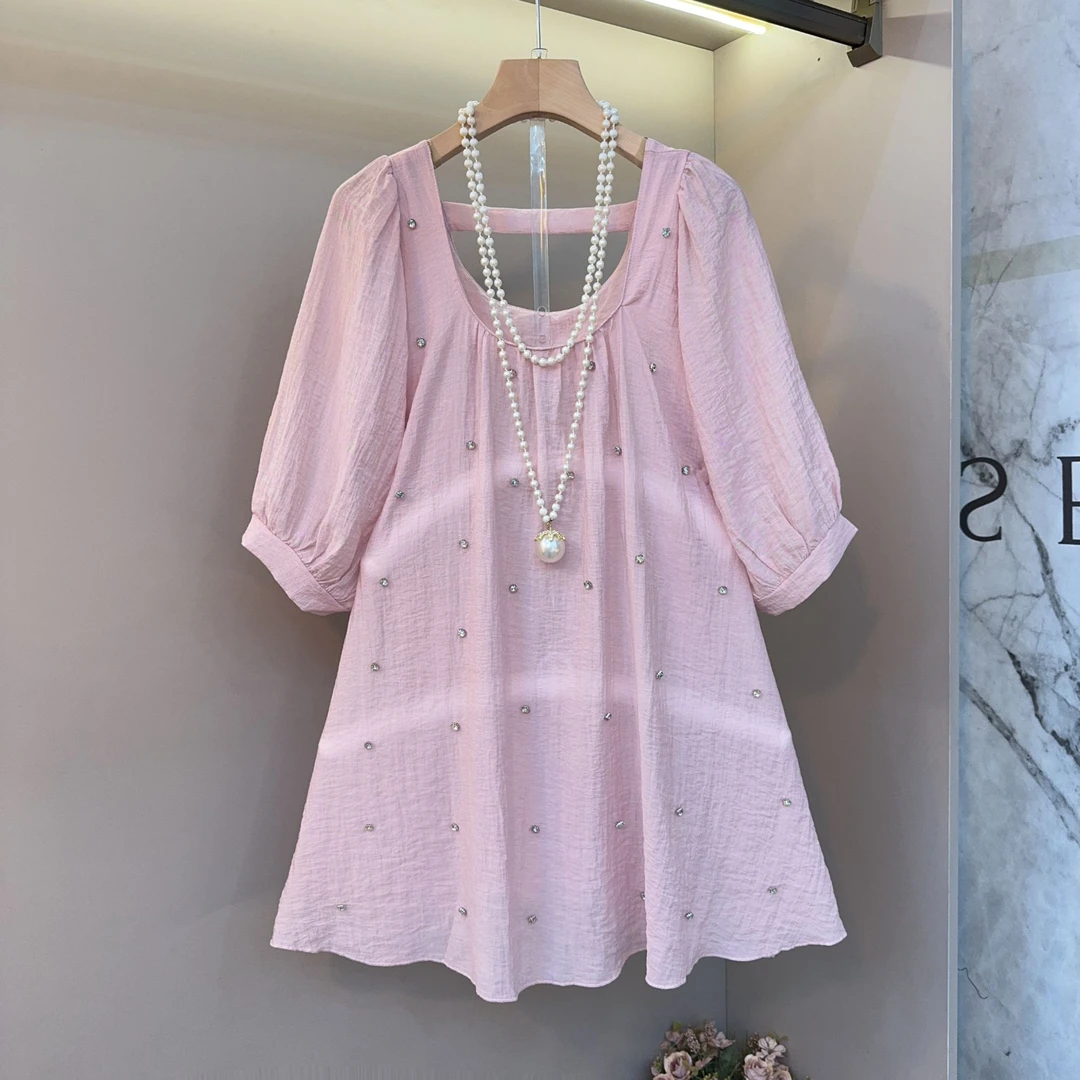 2025夏季新款法式泡泡袖宽松露背钉钻胖妹妹减龄时尚大衫402