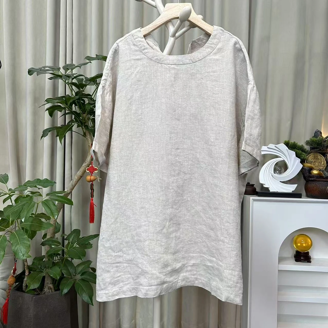 花璟与麻~圆领系带休闲风百搭极简风亚麻上衣（衣长75胸围136）