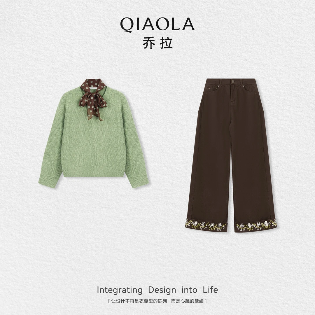 QIAOLA/乔拉【半熟青柠】秋季羊毛雨柔纱波点丝巾上衣牛仔长裤预售