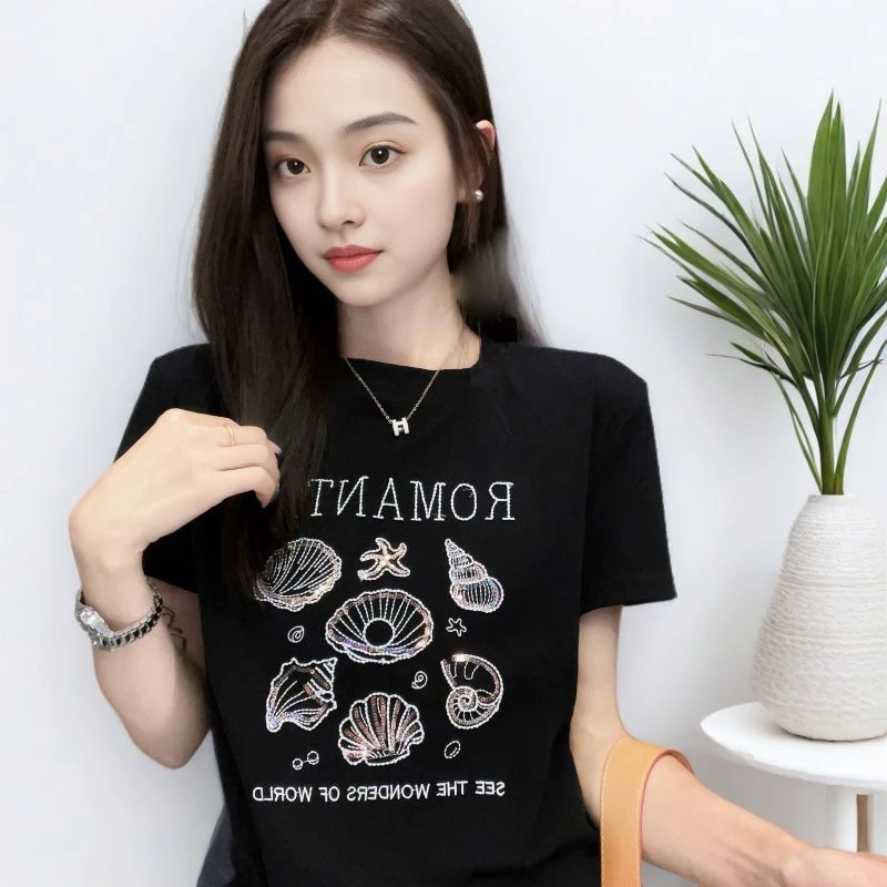 气质2025新款短袖 贝壳刺绣亮片短袖T恤女修身显瘦上衣5006