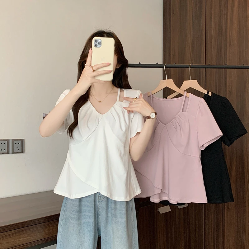 2025夏装新款胖mm大码女洋气百搭减龄设计感镂空纯欲短袖小衫上衣