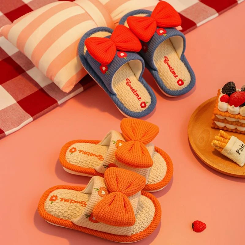 FAVMARTHA儿童拖鞋亚麻春秋四季女孩亲子可爱室内家居防滑棉麻拖