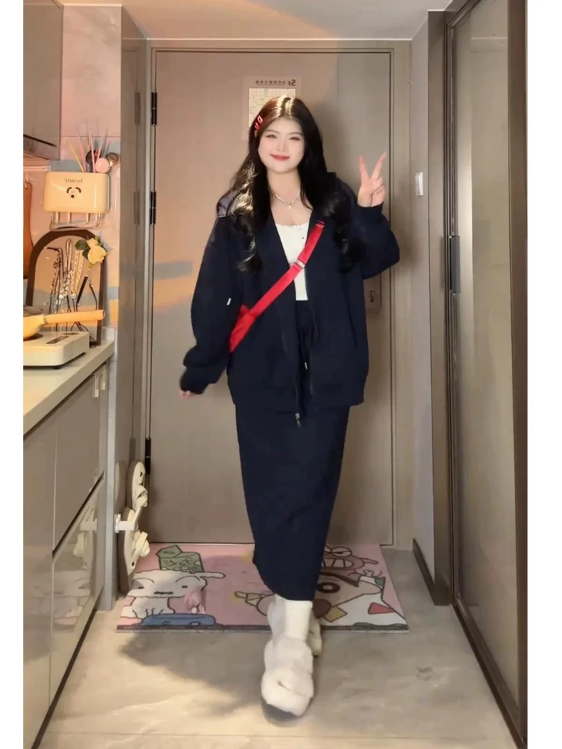 胖mm慵懒风休闲套装松弛感连帽卫衣外套半身长裙两件套