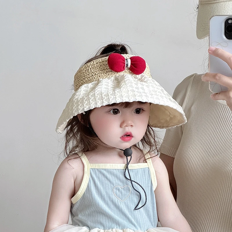 儿童帽子夏季薄款大帽檐遮阳防晒草编空顶帽女宝宝出游甜美太阳帽