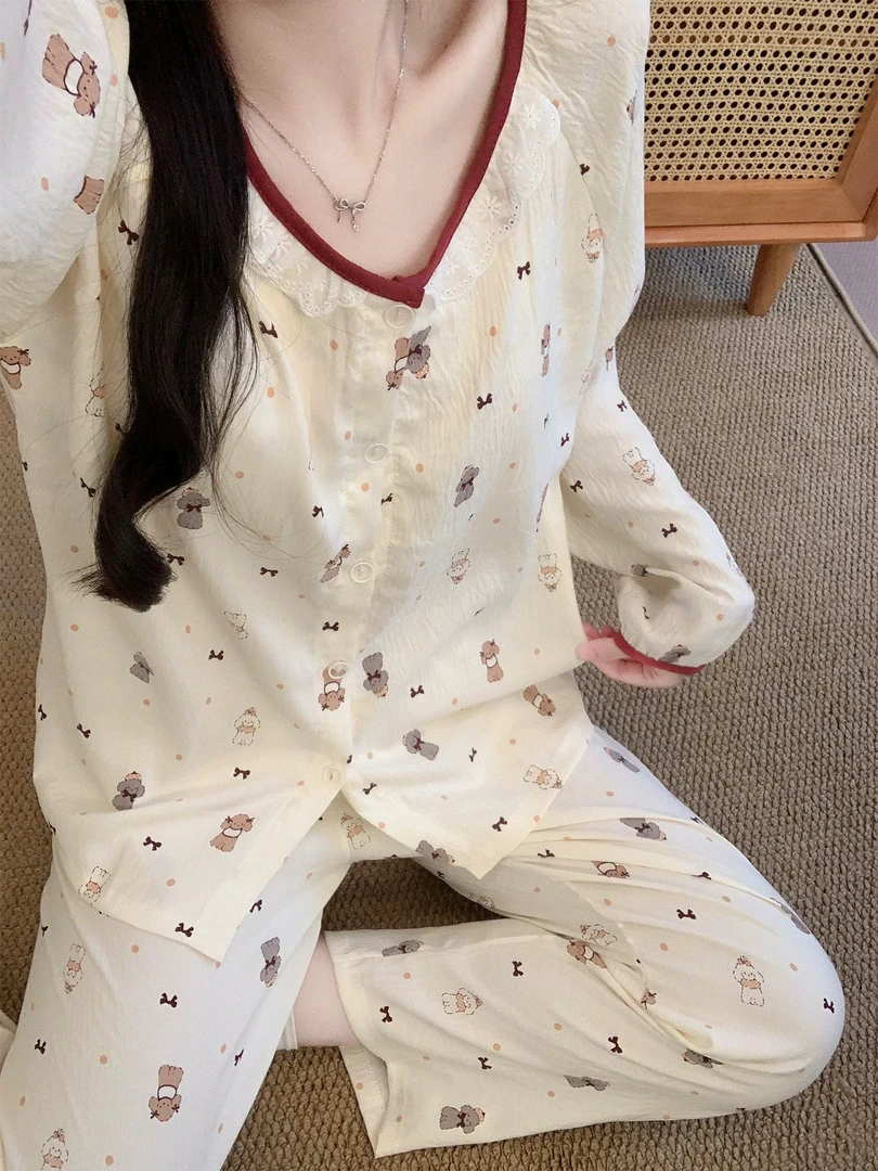 带胸垫睡衣女秋冬季云朵棉长袖日系甜美学生家居服套装睡衣秋款女
