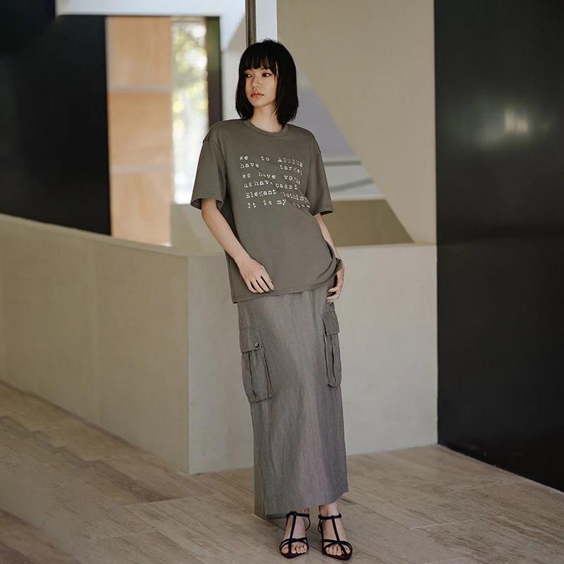 【折客优品】春秋新款工装半身裙女口袋中长款直筒裙子862-8CS86077