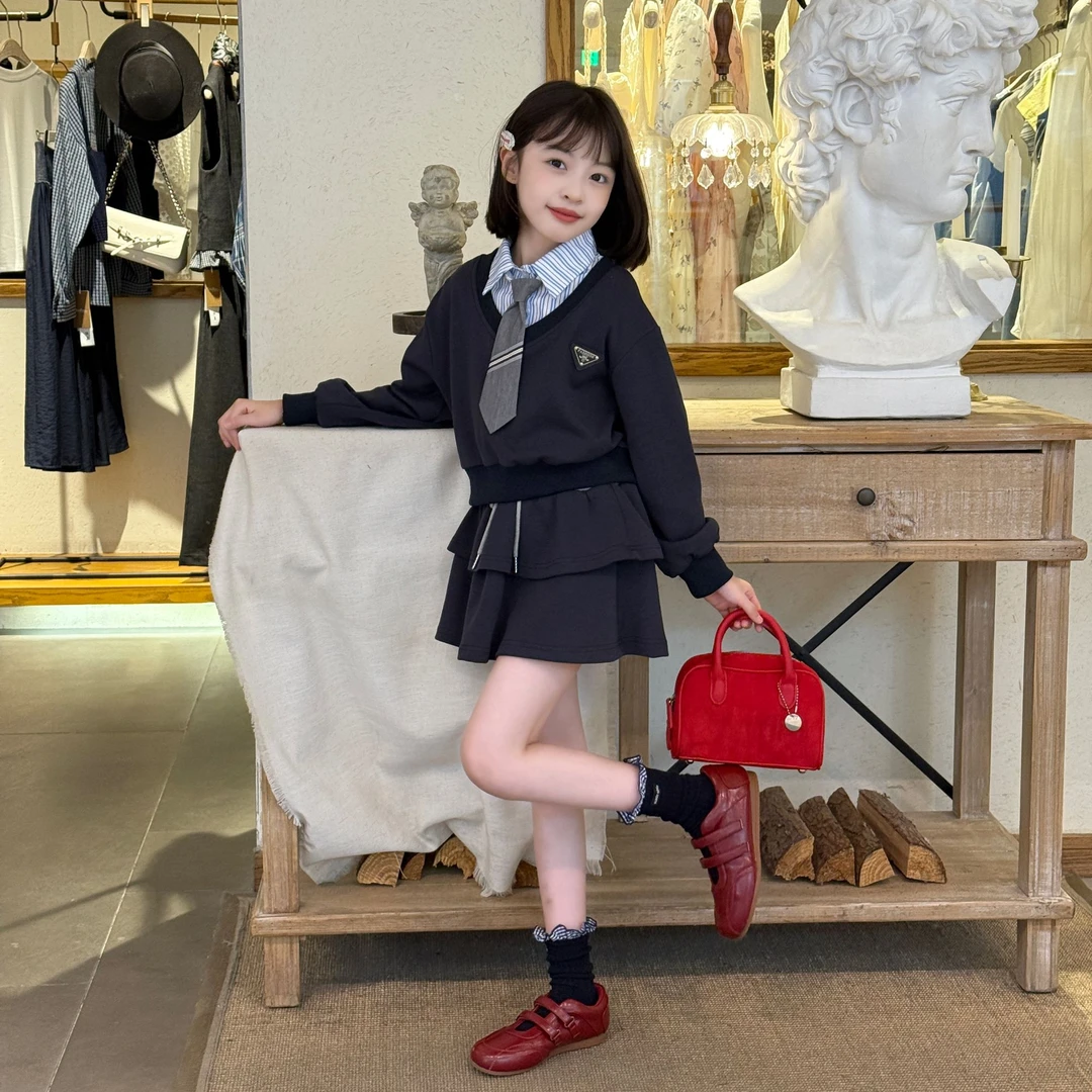 女童2025春秋新款韩版气质洋气甜酷学院风领带长袖上衣短裙两件套