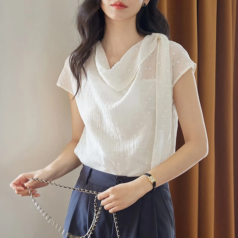 甜美白色荡领飘带点点印花通勤衬衫女夏季复古气质套头小清新上衣