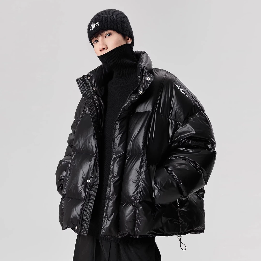 黑色鸭绒羽绒服男冬季防寒加厚保暖面包服字母刺绣立领短款外套男